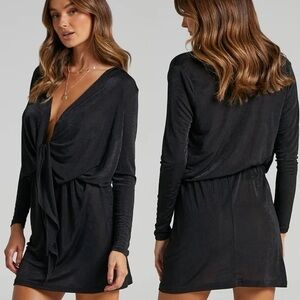 NEW Showpo Kierah Plunge Neck Mini Dress Shimmer Long Sleeve